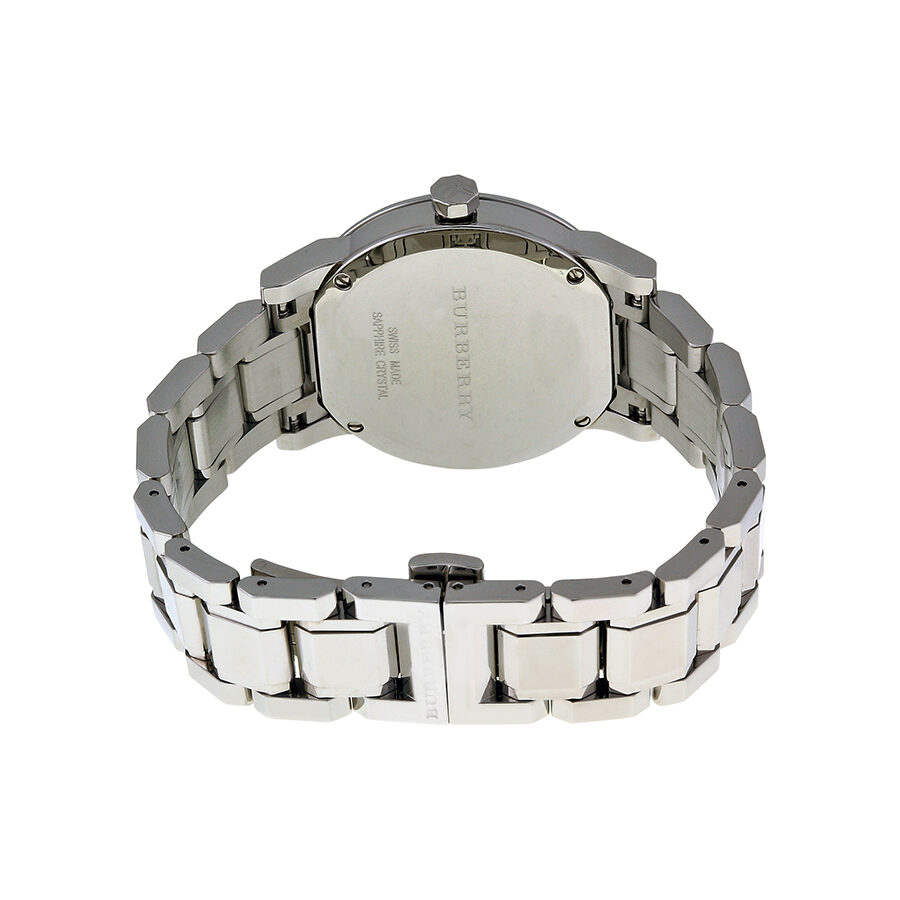 Burberry The City watch caseback showing engraved stainless steel case and bracelet