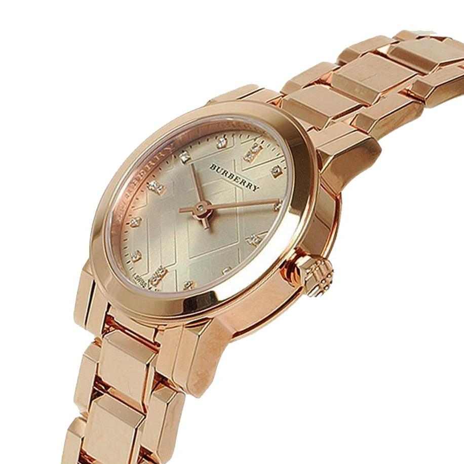 Burberry The City BU9215 angled view showing rose gold case, diamond dial, and bracelet links