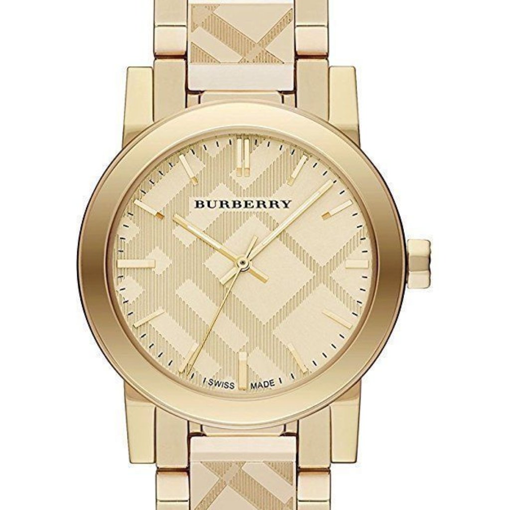 Burberry The City champagne dial detail with check pattern, hands, and hour markers