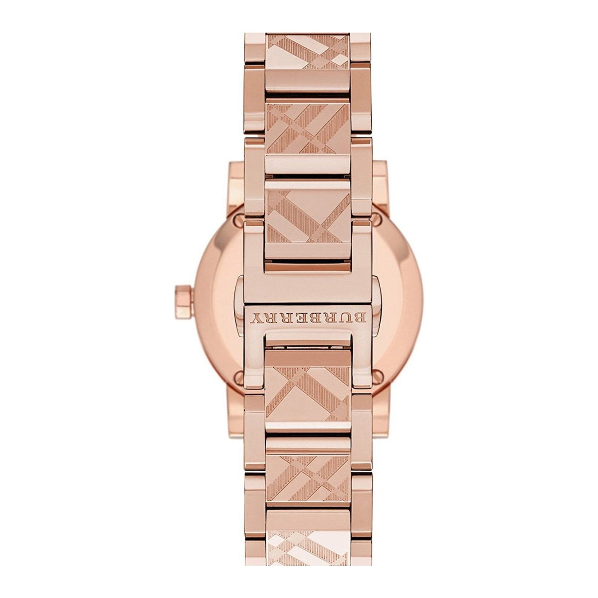 Back view of Burberry The City rose gold watch showing caseback and strap detail