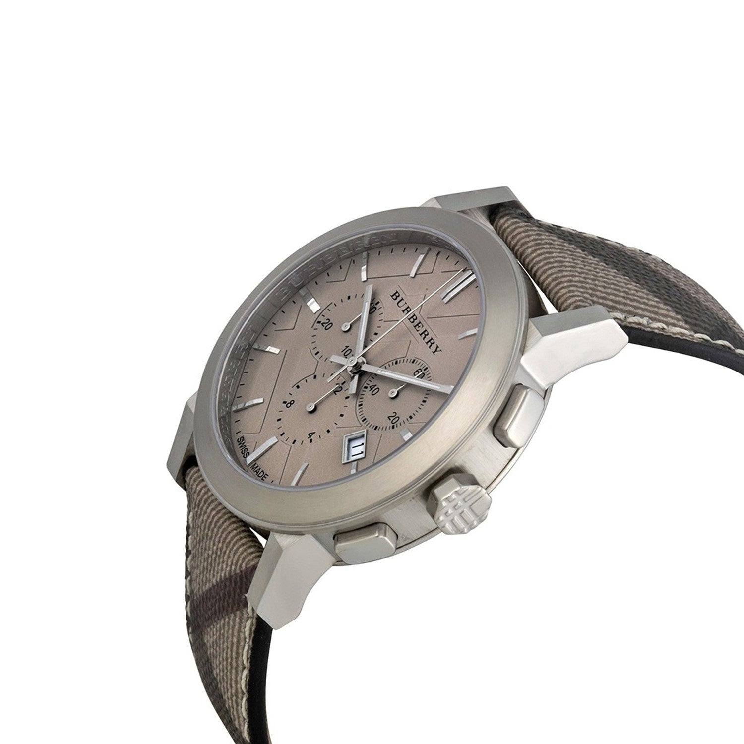 Side angle view of Burberry The City watch with stainless steel case and checkered strap