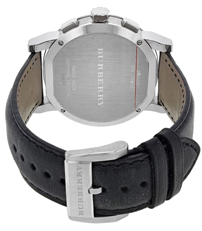 Burberry The City watch caseback displaying engraved Burberry branding and leather strap