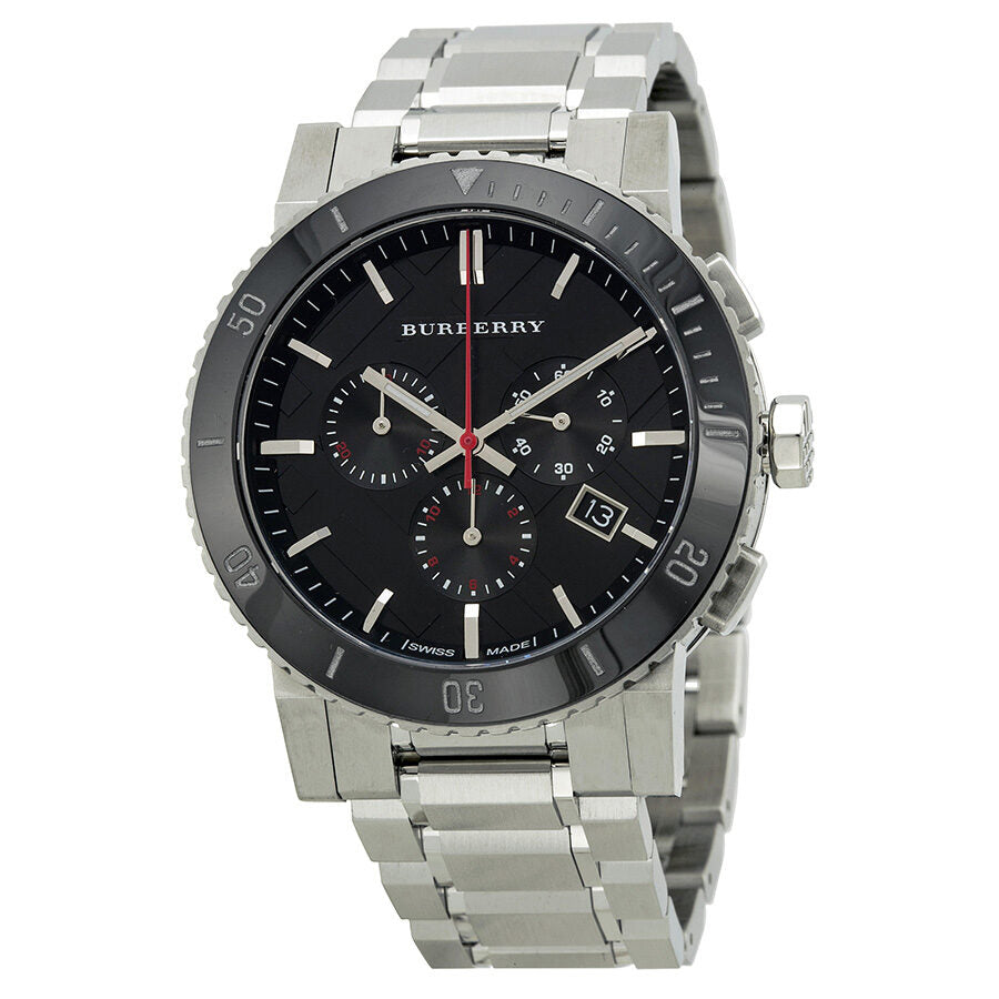 Burberry The City BU9380 chronograph with black dial and ceramic bezel, silver stainless steel bracelet