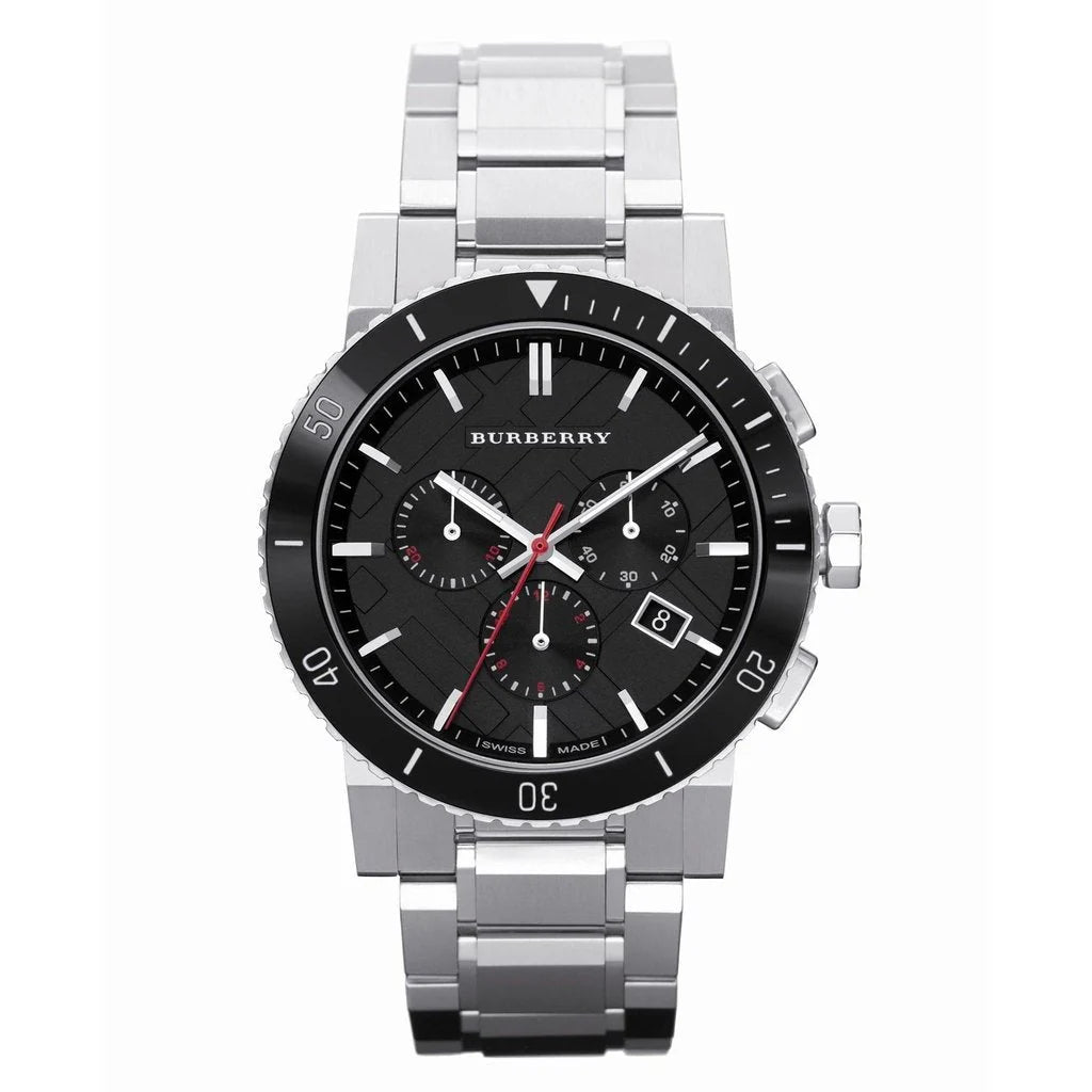 Burberry BU9380 The City chronograph watch face with ceramic bezel and black dial, top view