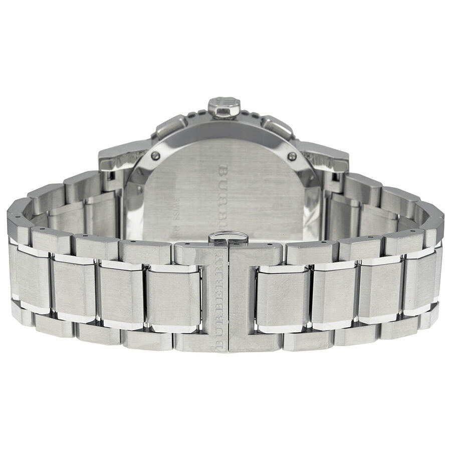 Burberry The City BU9380 caseback showing stainless steel bracelet and engraved case