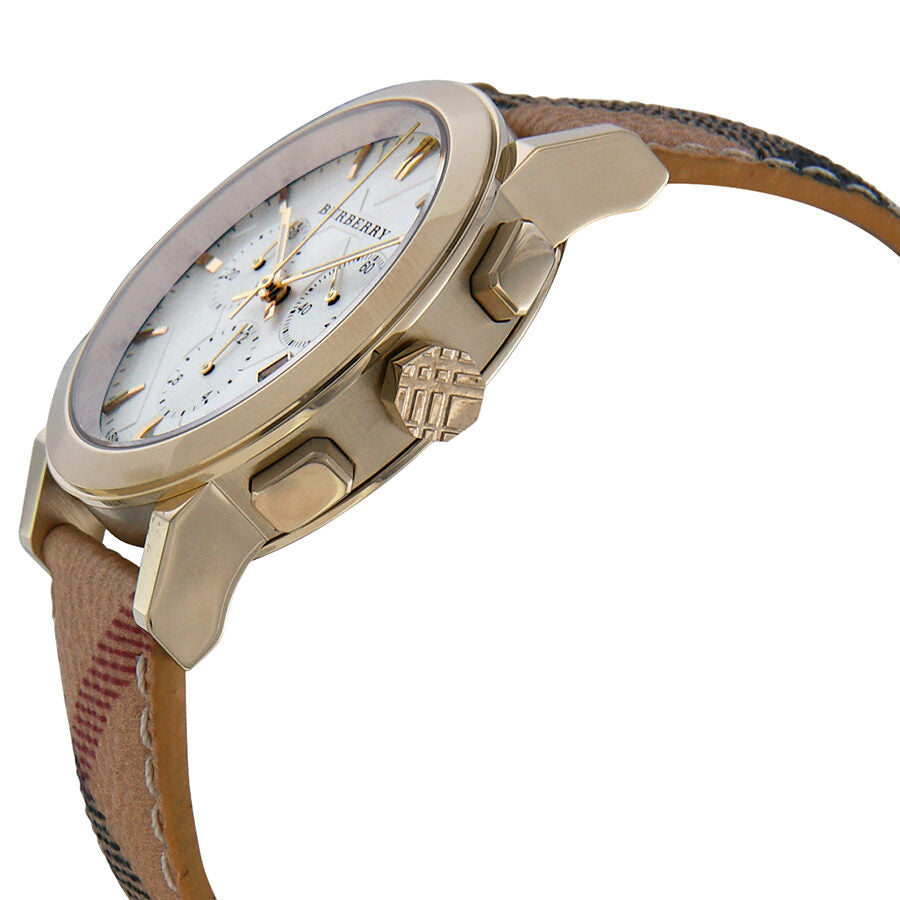 Side angle view of Burberry City chronograph with white dial and Haymarket pattern strap
