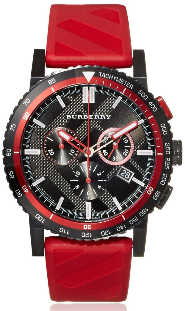 Burberry The City chronograph watch with black dial, red and black bezel, red rubber strap