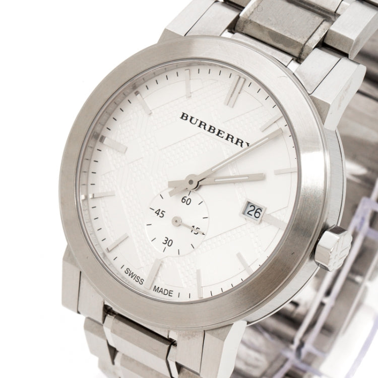 Burberry The City watch at angle showing silver dial with subdial and stainless steel bracelet