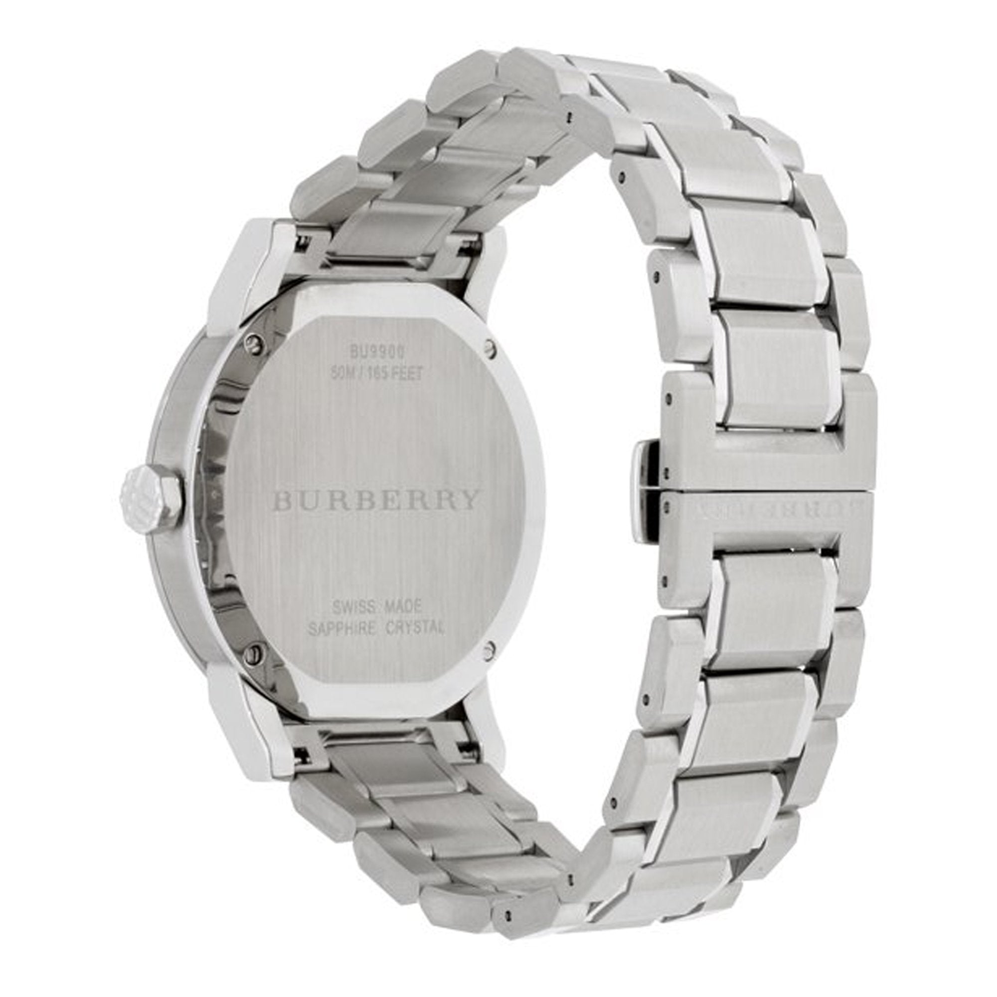 Burberry The City watch shown from side displaying stainless steel bracelet and caseback engravings