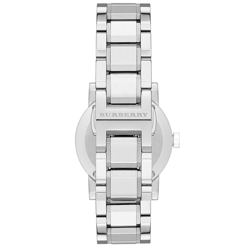 Burberry The City women's watch viewed from the back showing stainless steel bracelet