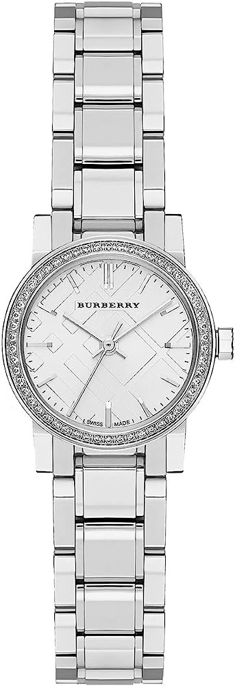 Burberry The City women's watch with diamond case, white dial, and stainless steel bracelet