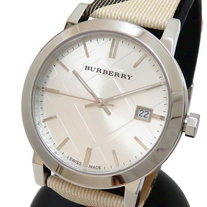 Burberry women's watch angled view showing white dial with hour markers and date window