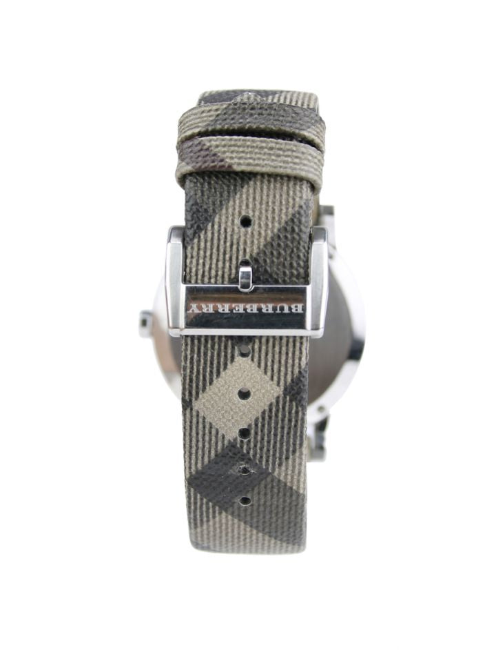Burberry The City Nova brown Nova check leather strap with silver buckle and Burberry branding