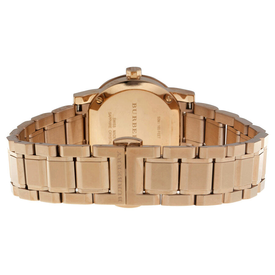 Burberry The City Petite watch caseback with engraved branding and rose gold bracelet