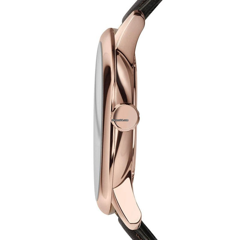 Side view of Burberry The Classic watch showing rose gold case profile and black leather strap