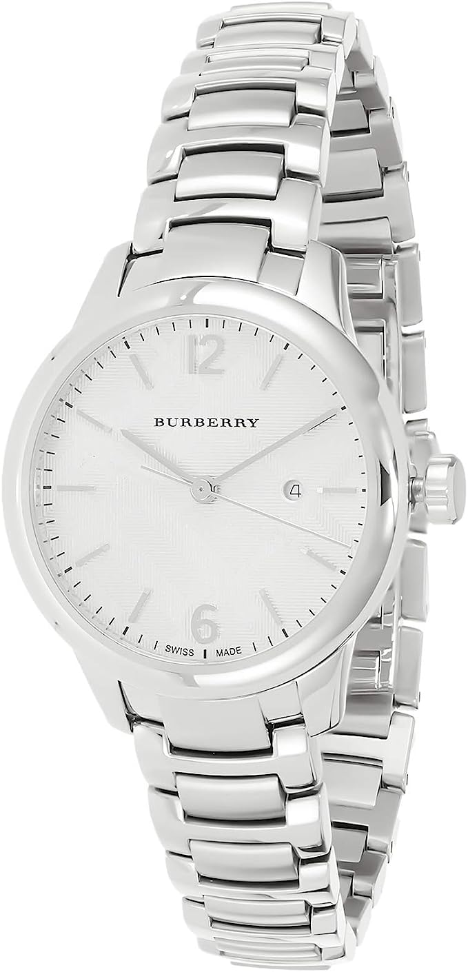 Burberry The Classic BU10108 silver stainless steel women's watch with white textured dial on wrist