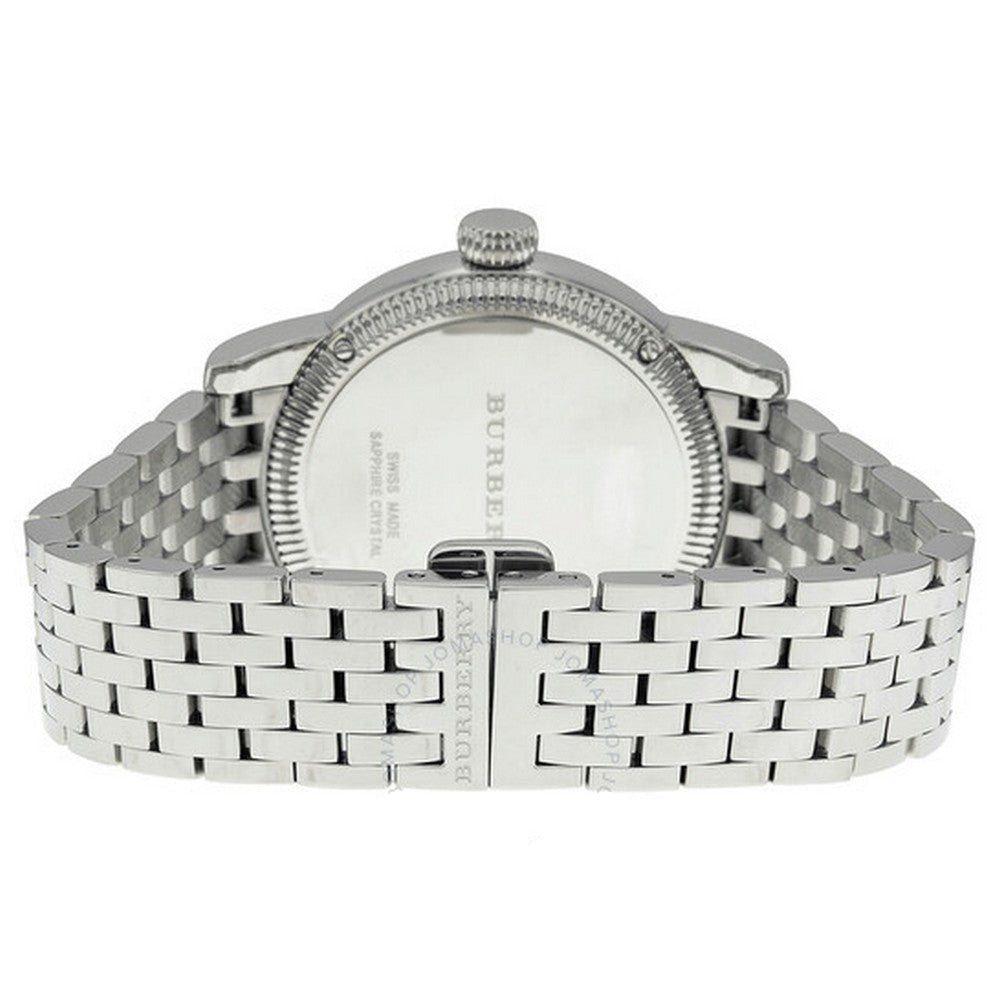 Burberry The Utilitarian BU7838 silver steel bracelet strap and caseback detail