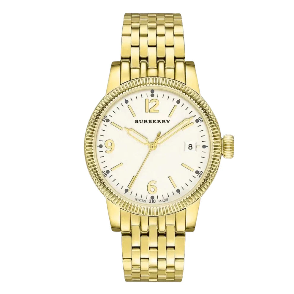 Burberry Utilitarian quartz watch with white dial, gold steel case and matching bracelet strap