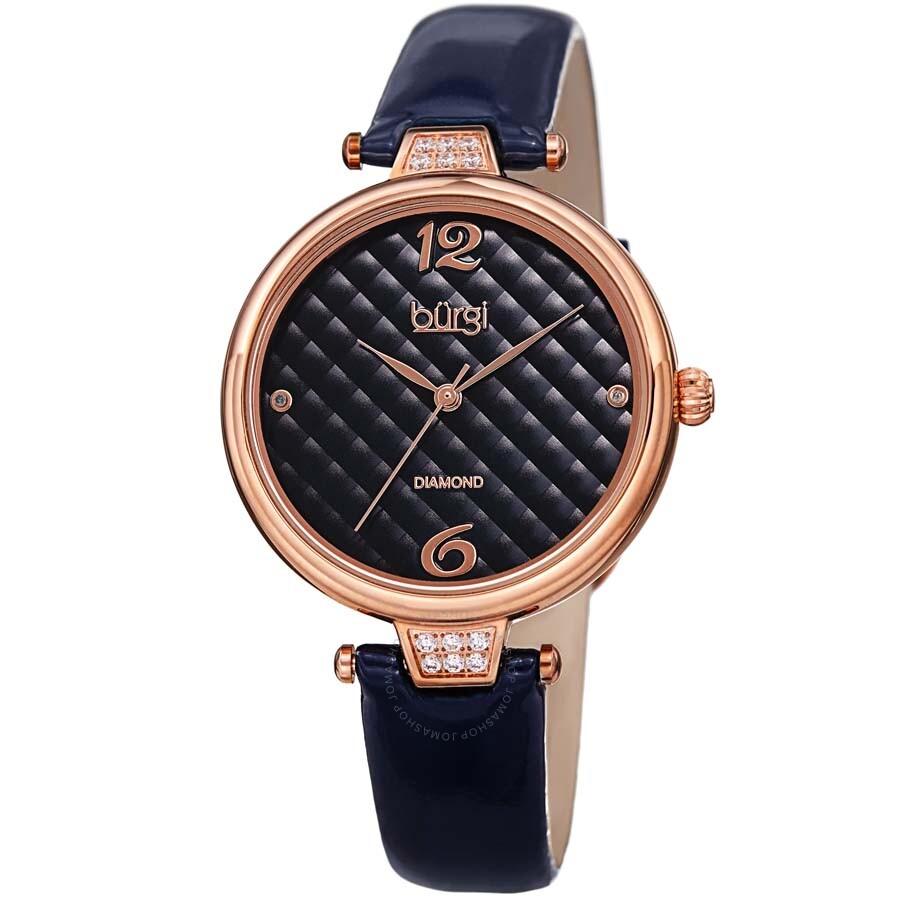Burgi Ladies Engraved Argyle Diamond Dial Blue Leather Strap Watch - The Watches Men & Co