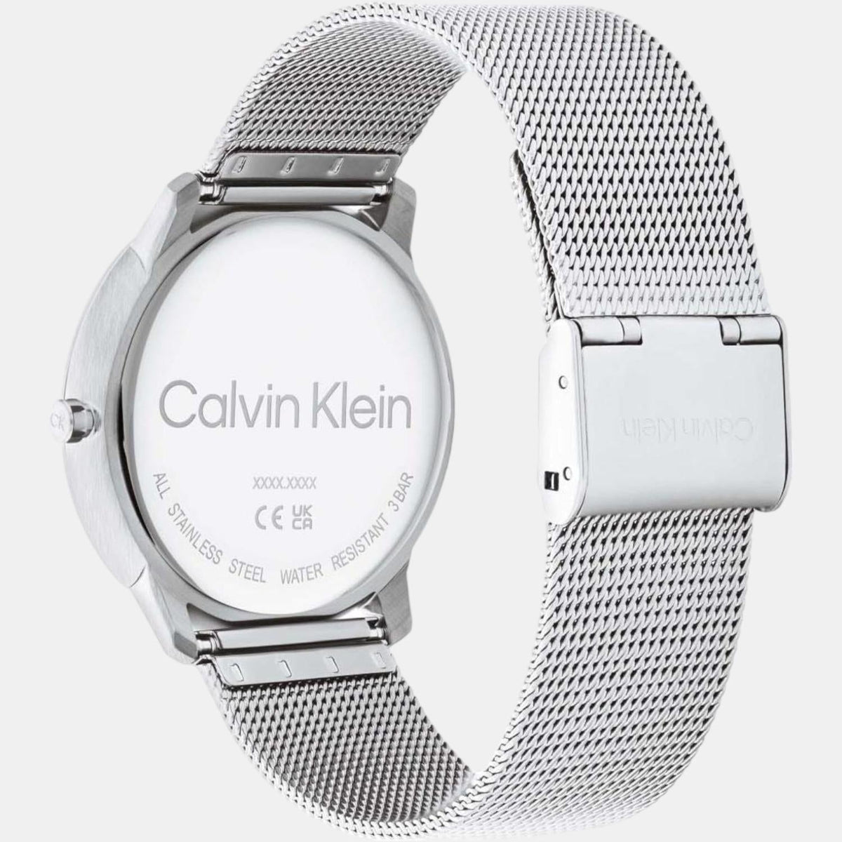 Calvin Klein watch caseback showing stainless steel and mesh bracelet detail
