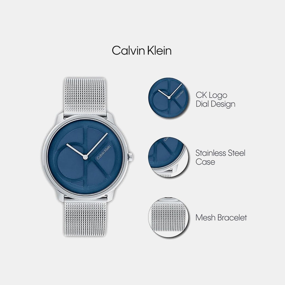 Calvin Klein watch product details showing CK logo dial, stainless steel case, and mesh bracelet