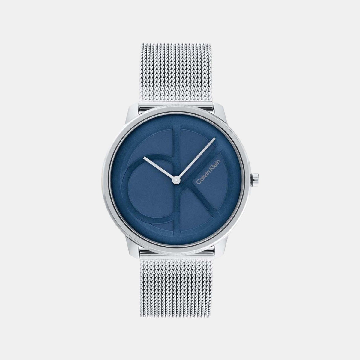 Calvin Klein watch silver mesh band with blue dial on white background