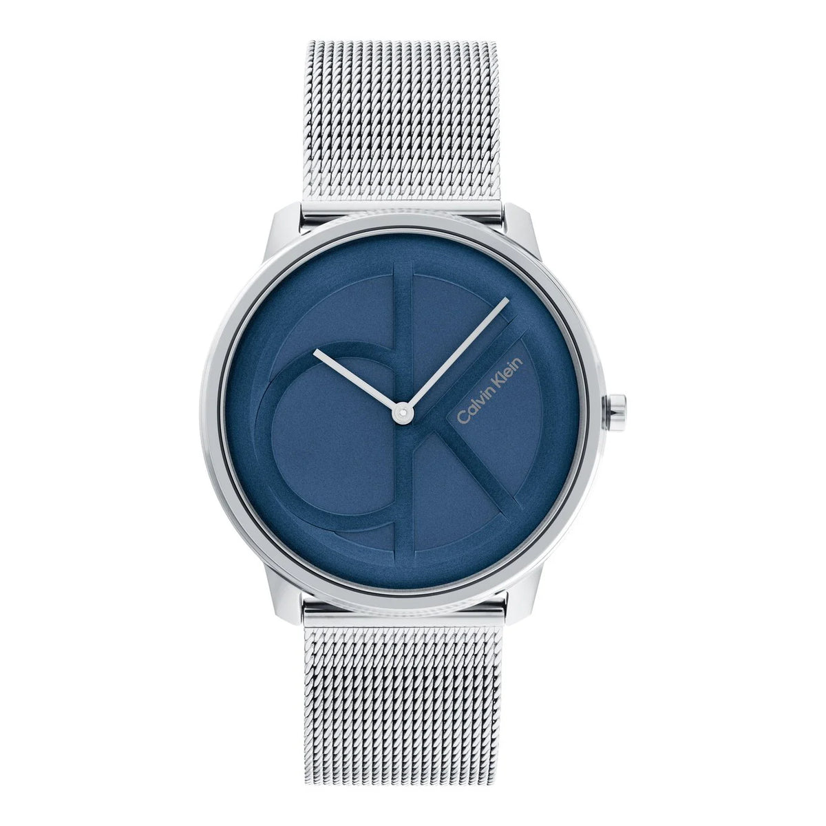 Calvin Klein quartz watch with blue dial and silver mesh bracelet