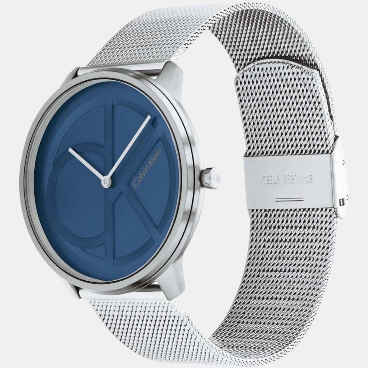 Calvin Klein watch with silver mesh bracelet and fold-over clasp detail