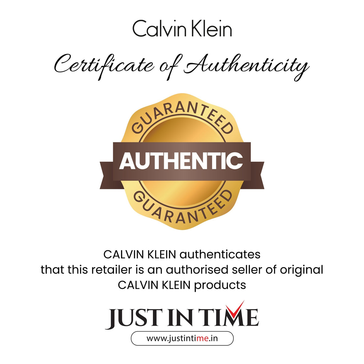 Calvin Klein Certificate of Authenticity with guaranteed authentic retailer badge