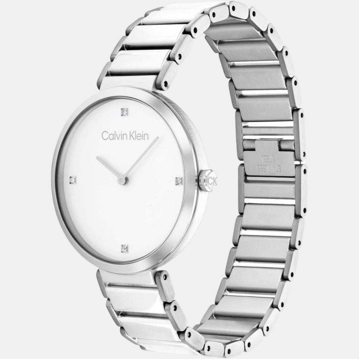 Calvin Klein women's watch side view displaying silver stainless steel bracelet