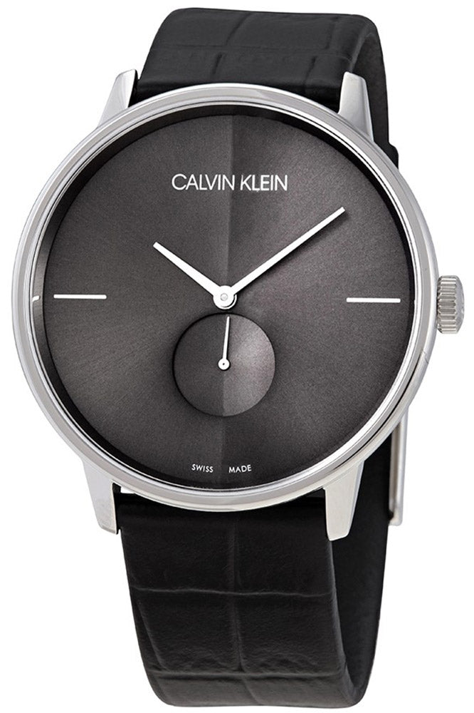 Calvin Klein Accent watch angled view showing black dial and crocodile-textured black leather strap