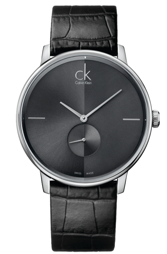 Calvin Klein Accent black dial quartz watch with silver hands and black leather strap