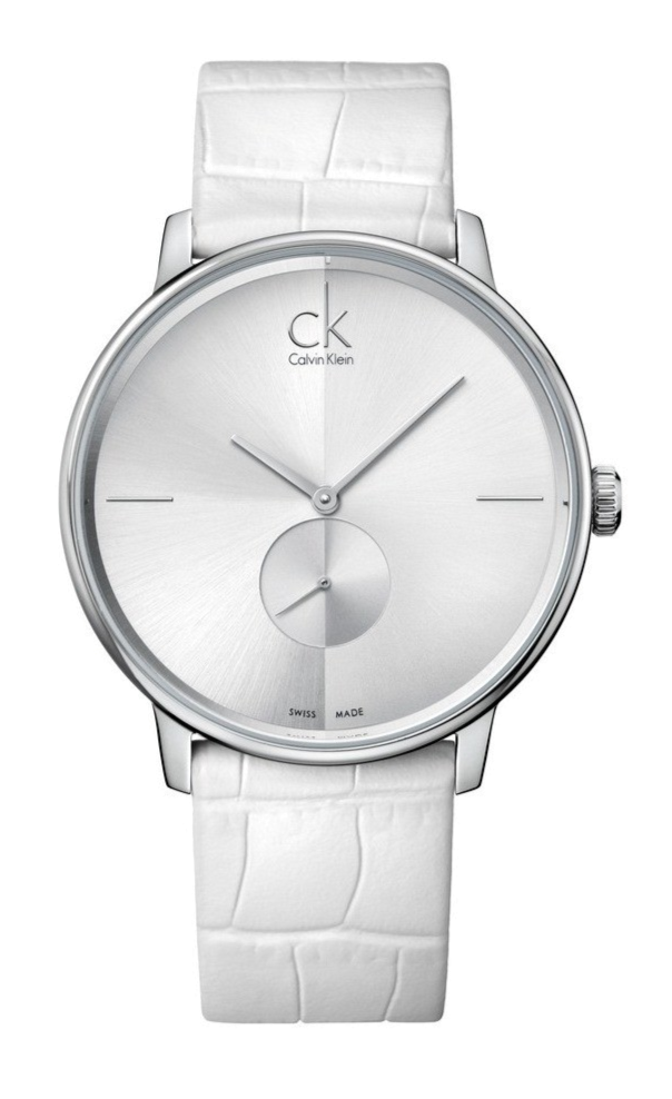 Calvin Klein Accent white dial quartz watch with white leather strap and silver-tone case