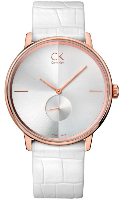 Calvin Klein Accent K2Y216K6 with rose gold case, silver dial, and white leather strap