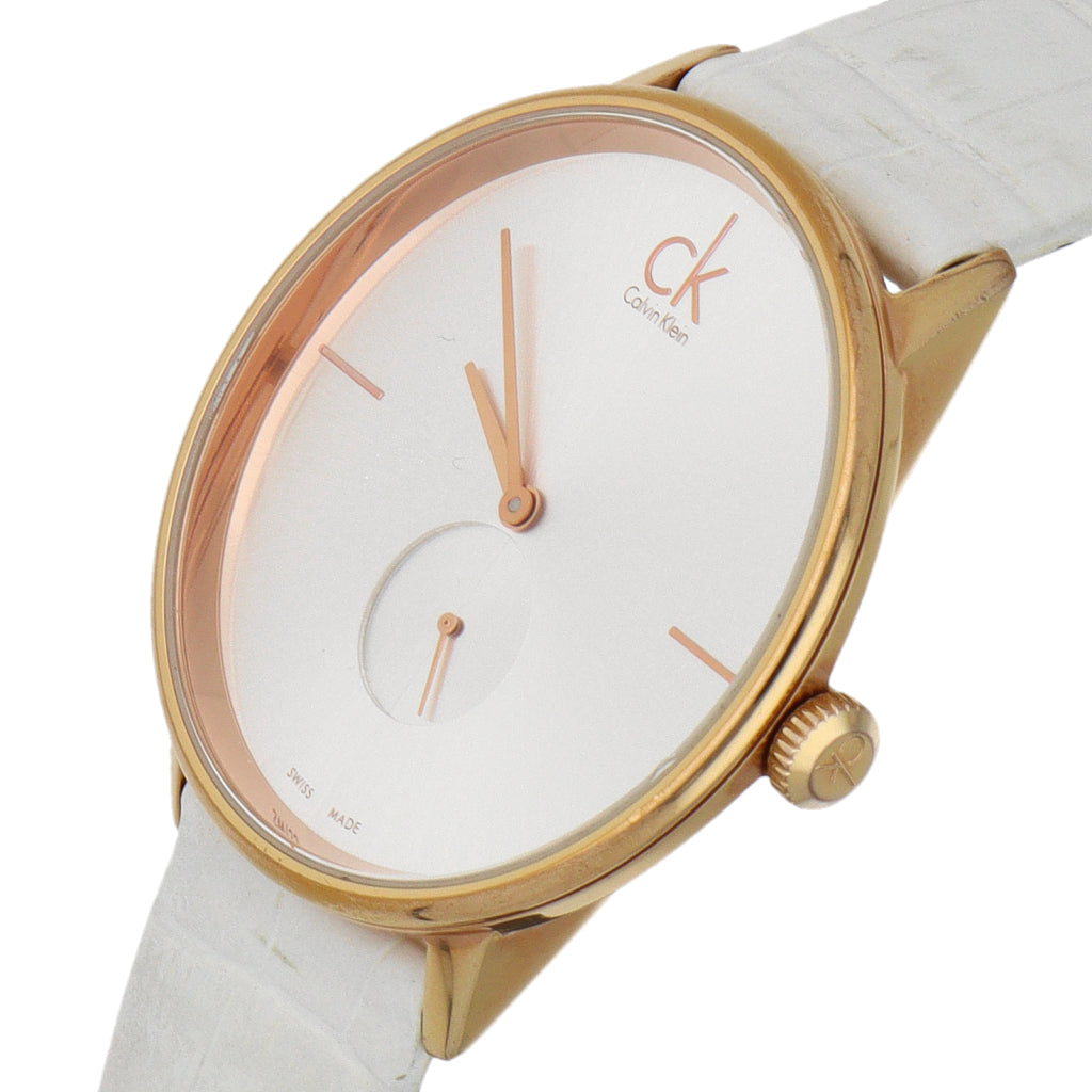 Calvin Klein Accent K2Y216K6 on wrist featuring silver dial and rose gold case