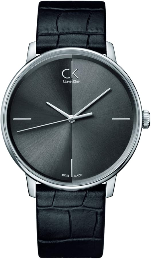 Calvin Klein Accent watch front angle view with crocodile-embossed black leather strap