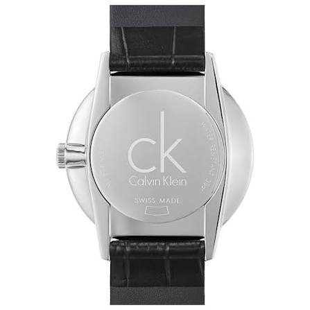 Calvin Klein Accent caseback showing engraved CK logo and Swiss Made marking