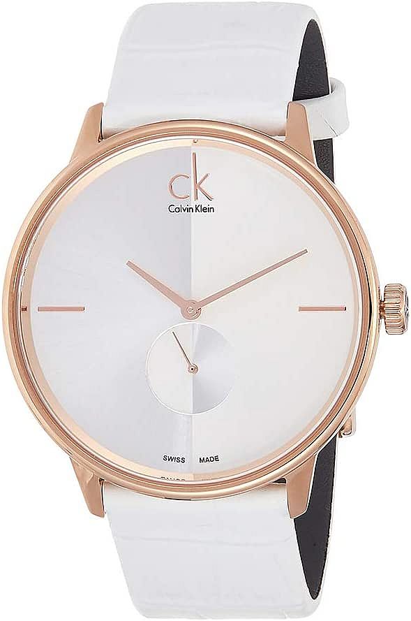 Calvin Klein Accent watch at angle showing white dial and white leather strap with black underside