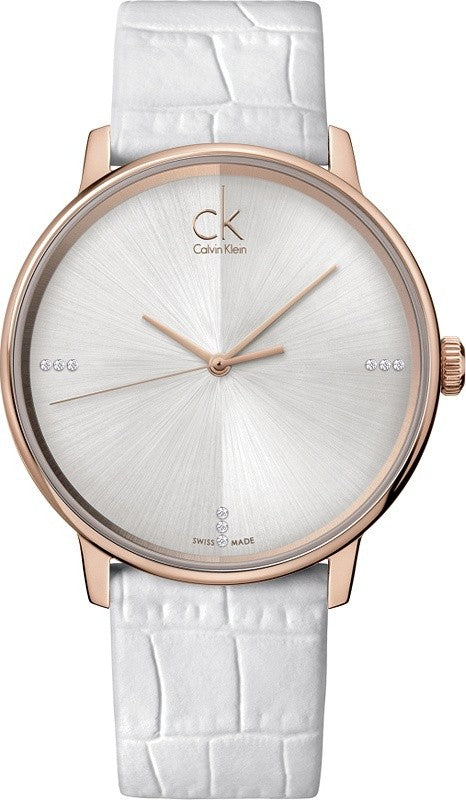 Calvin Klein Accent watch with white dial, rose gold case, and white crocodile leather strap