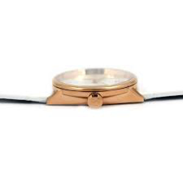Side view of Calvin Klein Accent watch showing rose gold case profile and strap