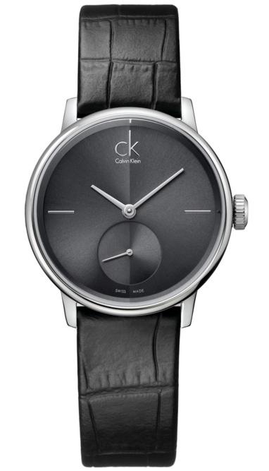 Calvin Klein Accent women's watch with charcoal dial, subdial, stainless steel case, and black leather strap