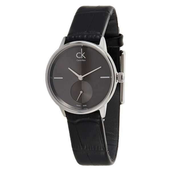 Calvin Klein Accent K2Y2Y1C3 watch worn on wrist with black leather strap and silver-tone case