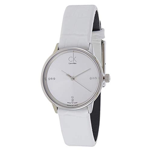 Calvin Klein Accent women's watch three-quarter view with white strap and stainless steel case