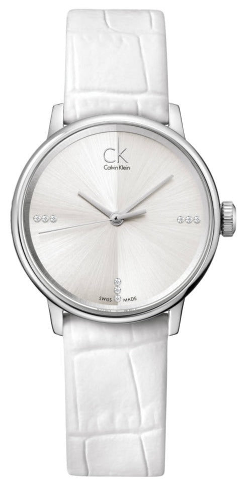Calvin Klein Accent white dial women's quartz watch with white leather strap