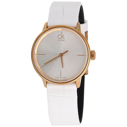 Calvin Klein Accent watch at three-quarter angle showing white leather strap