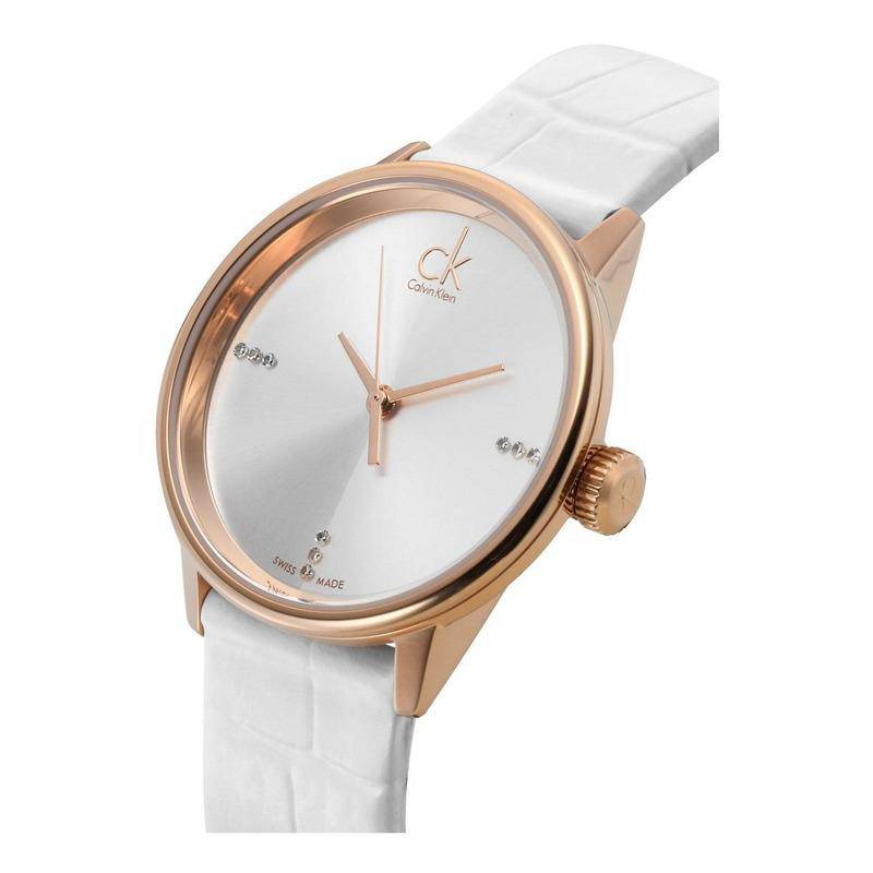 Calvin Klein Accent watch worn on wrist with white leather strap