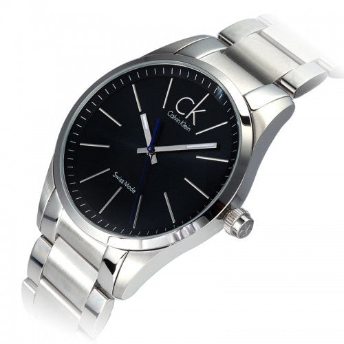 Calvin Klein Bold K2241107 watch showing angled side view of black dial and steel band
