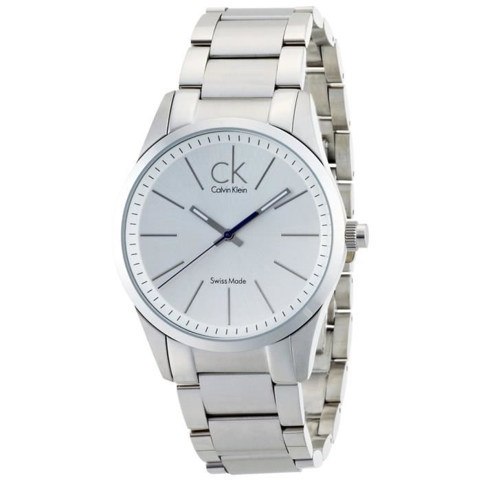 Calvin Klein Bold watch at three-quarter angle showing silver steel bracelet