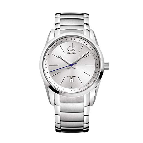 Calvin Klein Bold watch side view with date window and steel bracelet