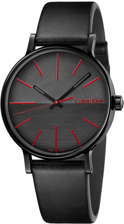 Calvin Klein Boost men's watch with black dial, red accents, and black leather strap